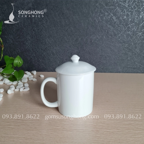 Cốc (Ca) Sứ Trắng 350ml Có Nắp - M1