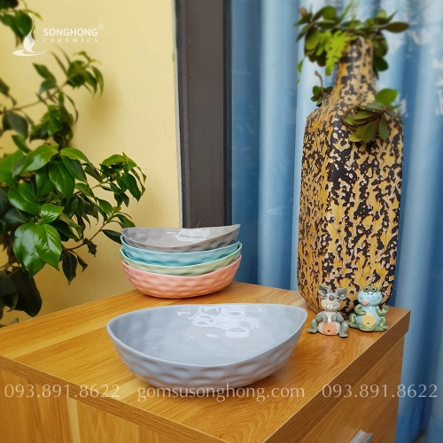 Tô Bầu Dục Gốm Nặn Tay Đất Trộn Màu 18cm