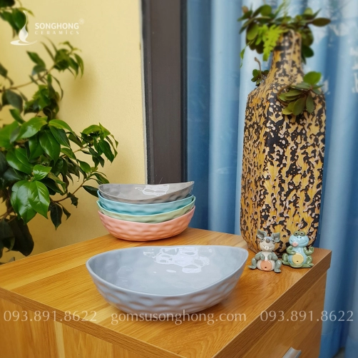 Tô Bầu Dục Gốm Nặn Tay Đất Trộn Màu 18cm