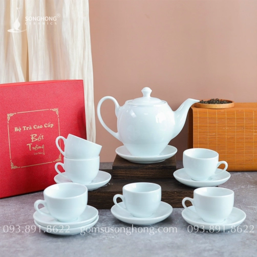 Bộ Trà (Ấm Chén) Sứ Trắng 850ml - Mẫu 1