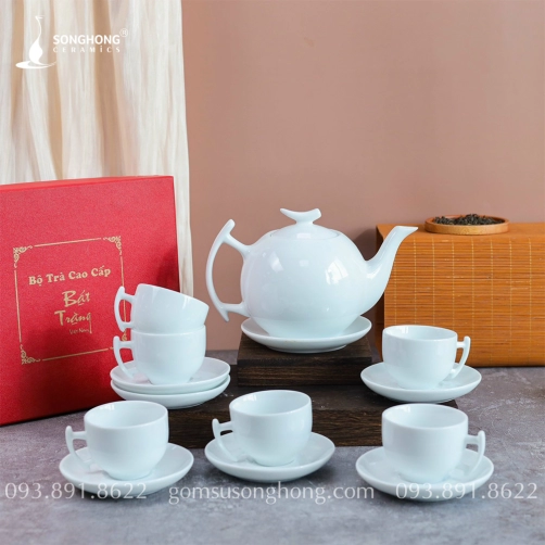 Bộ Trà (Ấm Chén) Sứ Trắng 650ml - Mẫu 4