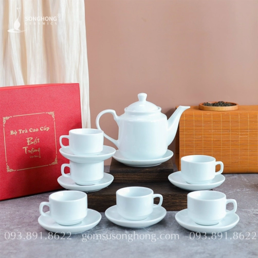 Bộ Trà (Ấm Chén) Sứ Trắng 800ml - Mẫu 6
