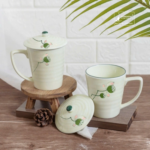 Cốc Sứ Vẽ Tay Đài Sen 360ml