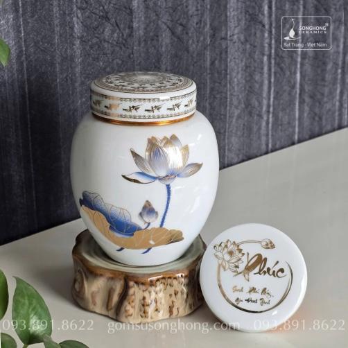 Hũ Sứ Đựng Trà 480ml Trống Đồng Hoa Sen