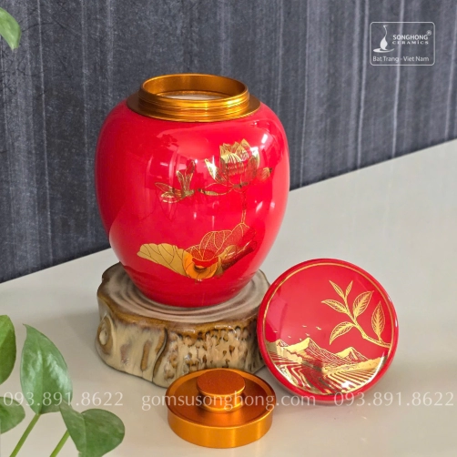 Hũ Sứ Đựng Trà 480ml Màu Đỏ Hoa Sen Chuồn