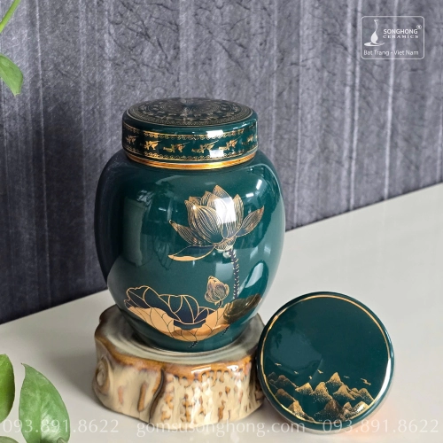 Hũ Sứ Đựng Trà 480ml Xanh Lục Bảo Trống Đồng Hoa Sen