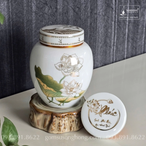 Hũ Sứ Đựng Trà 480ml Sen Xanh