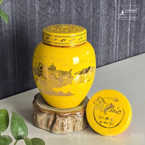 Hũ Sứ Đựng Trà 480ml Màu Vàng Cảnh Trống Đồng Trà Cổ Thụ