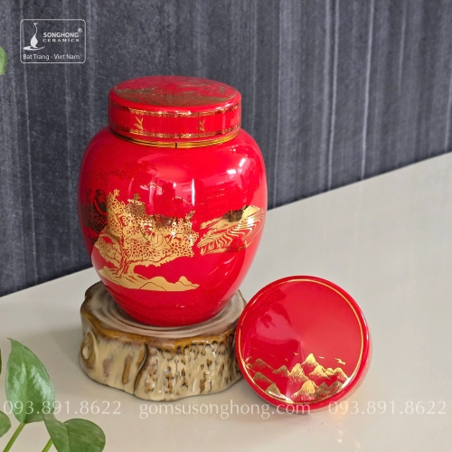 Hũ Sứ Đựng Trà 480ml Màu Đỏ Trà Cổ Thụ