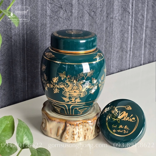 Hũ Sứ Đựng Trà 480ml Xanh Lục Bảo Cảnh Hoa Mẫu Đơn