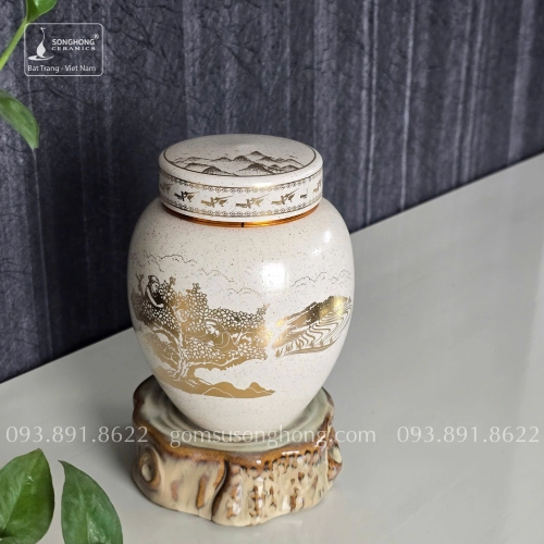 Hũ Sứ Đựng Trà 480ml Men Tiêu Cảnh Trà Cổ Thụ Vàng Kim