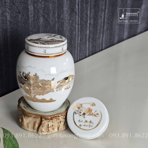 Hũ Sứ Đựng Trà 480ml Men Tiêu Cảnh Cây Trà