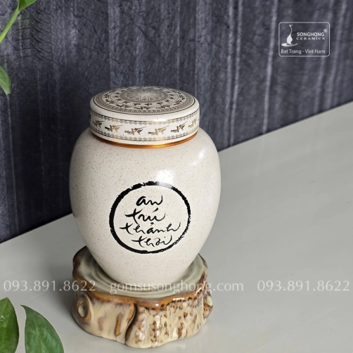 Hũ Sứ Đựng Trà 480ml Men Tiêu - Thư Pháp
