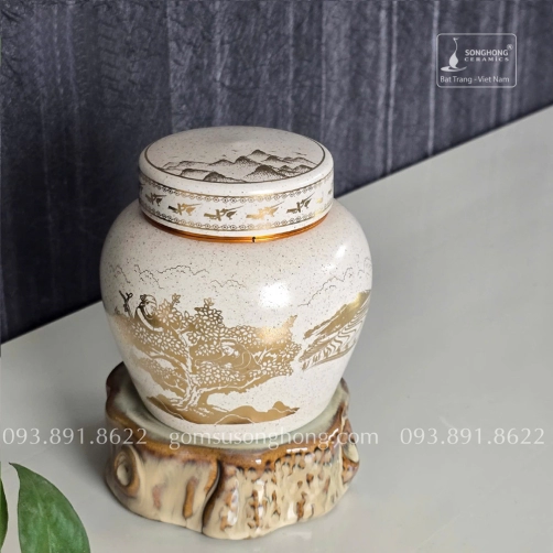 Hũ Sứ Đựng Trà 400ml Men Tiêu Cảnh Trà Cổ Thụ