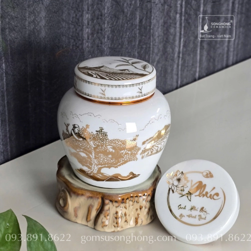 Hũ Sứ Đựng Trà 400ml Trắng - Cảnh Rừng Trà Cổ Thụ
