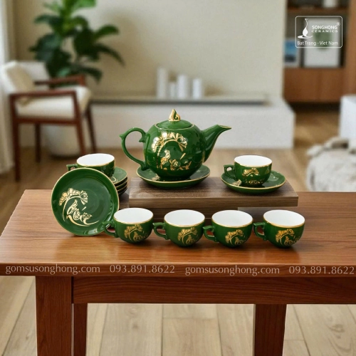 Bộ Trà Chữ Phúc Hoa Sen Vàng Kim - Mẫu 1