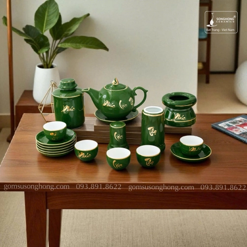 Bộ Trà Phúc Lộc Thọ Vàng Kim Kèm Phụ Kiện - Mẫu 1