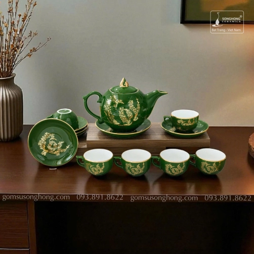 Bộ Trà Chữ Lộc Hoa Đào Vàng Kim - Mẫu 1