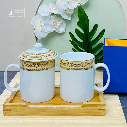Cốc (Ca) Sứ Trắng 350ml - M1 Viền Vàng Kim