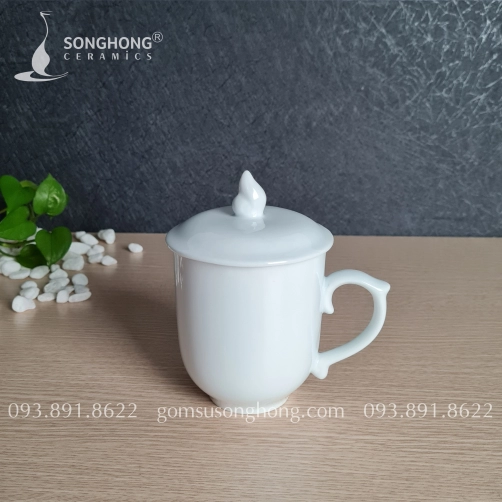 Cốc (Ca) Sứ Trắng 350ml Có Nắp - M3