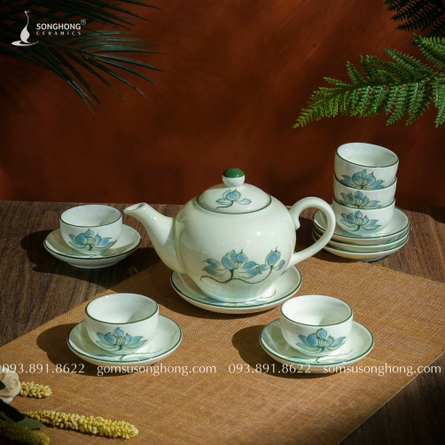 Bộ Trà (Ấm Chén) Vẽ Sen Xanh 350ml - Mẫu 1