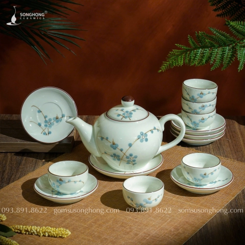 Bộ Trà (Ấm Chén) Vẽ Đào xanh 350ml - Mẫu 1