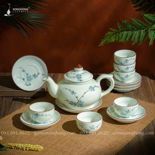 Bộ Trà (Ấm Chén) Vẽ Đào xanh 350ml - Mẫu 2