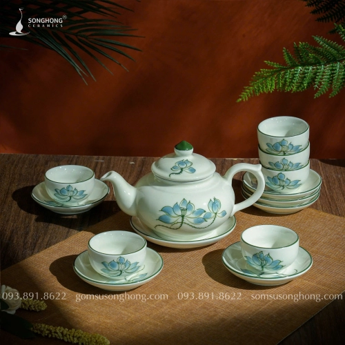 Bộ Trà (Ấm Chén) Vẽ Sen xanh 350ml - Mẫu 2