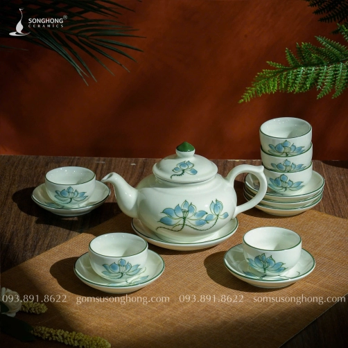 Bộ Trà (Ấm Chén) Vẽ Sen xanh 350ml - Mẫu 2