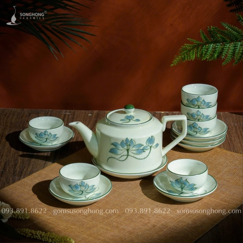 Bộ Trà (Ấm Chén) Vẽ Sen Xanh 500ml - Mẫu 5