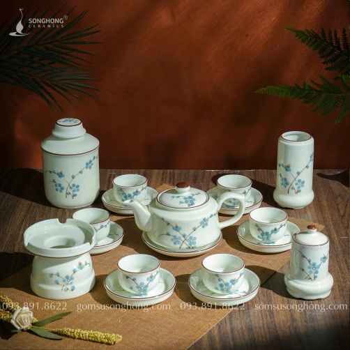 Bộ Trà (Ấm Chén) Kèm Phụ Kiện Vẽ Đào Xanh 450ml - Mẫu 3