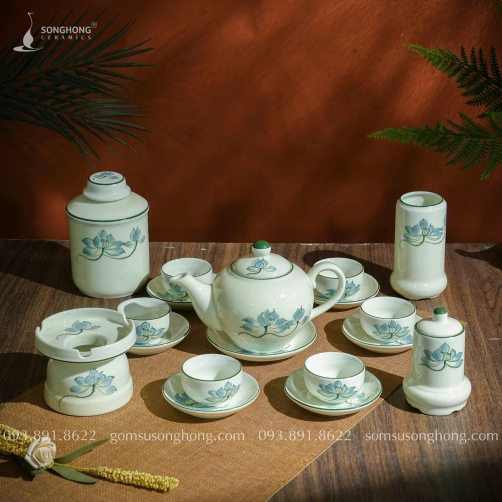 Bộ Trà (Ấm Chén) Kèm Phụ Kiện Vẽ Sen Xanh 350ml - Mẫu 1