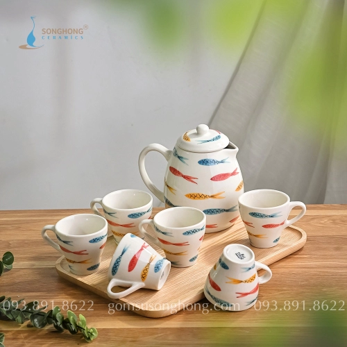 Bộ Trà Lớn Vẽ Đàn Cá 1 Lít - Mẫu 1