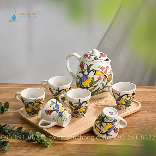 Bộ Trà Lớn Vẽ Chim Vẹt 1 Lít - Mẫu 1