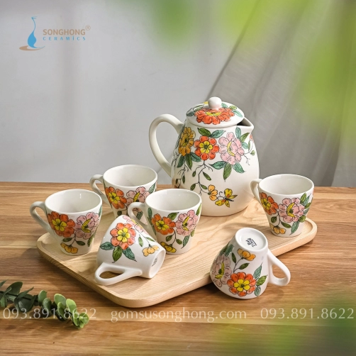 Bộ Trà Lớn Vẽ Hoa Mai 1 Lít - Mẫu 1