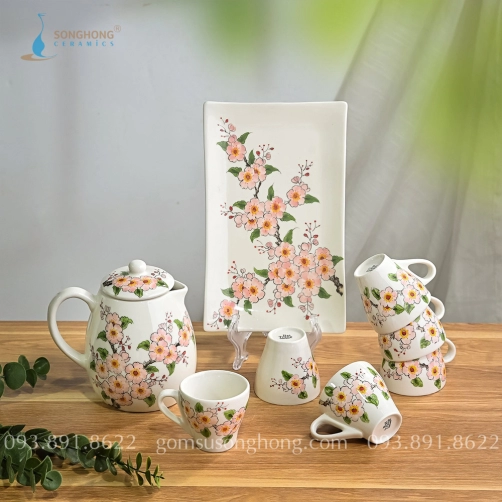 Bộ Trà Lớn Vẽ Hoa Đào 1 Lít - Mẫu 1
