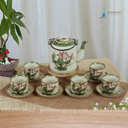 Bộ Ấm Tích Trà Vẽ Hoa Sen 1 Lít - Mẫu 2