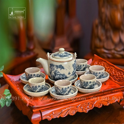 Bộ Trà (Ấm Chén) Men Rạn Vẽ Tay - Mẫu 1