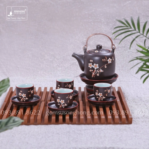 Bộ Trà (Ấm Chén) Khắc Tay Men Nâu Hoa Đào 400ml - Mẫu 1