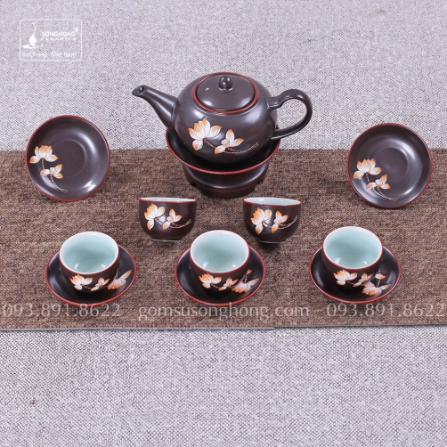 Bộ Trà (Ấm Chén) Khắc Tay Men Nâu Hoa Đào 300ml - Mẫu 2