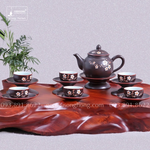 Bộ Trà (Ấm Chén) Khắc Tay Men Nâu Hoa Đào 300ml - Mẫu 3
