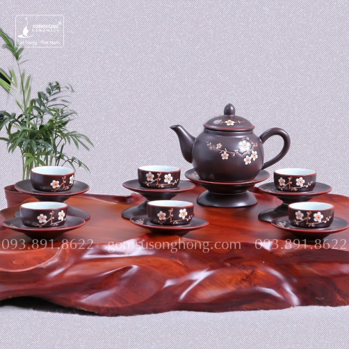 Bộ Trà (Ấm Chén) Khắc Tay Men Nâu Hoa Đào 300ml - Mẫu 3