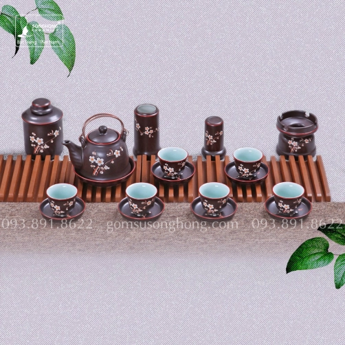Bộ Trà (Ấm Chén) Khắc Tay Men Nâu Hoa Đào 300ml Kèm Phụ Kiện - Mẫu 4