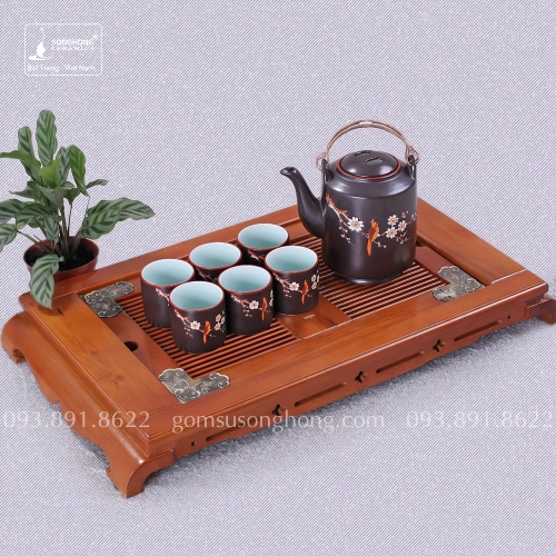 Bộ Trà (Ấm Chén) Khắc Tay Men Nâu Hoa Đào 1.5 lít - Mẫu 4