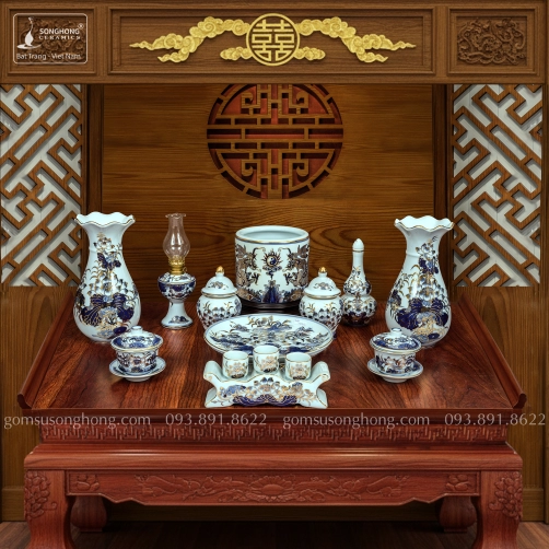 Bộ Đồ Thờ Men Rong Vẽ Vàng Kim - Mẫu 2