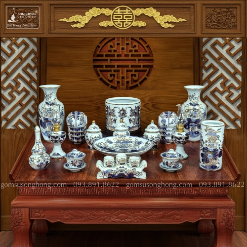 Bộ Đồ Thờ Men Rong Vẽ Vàng Kim - Mẫu 3