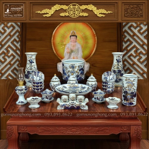 Bộ Đồ Thờ Men Rong Vẽ Vàng Kim - Mẫu 4