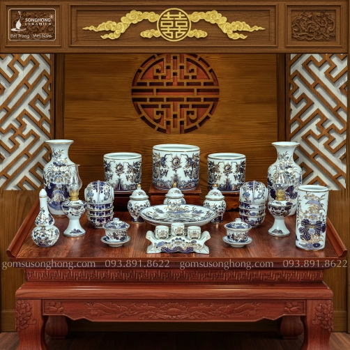 Bộ Đồ Thờ Men Rong Vẽ Vàng Kim - Mẫu 5