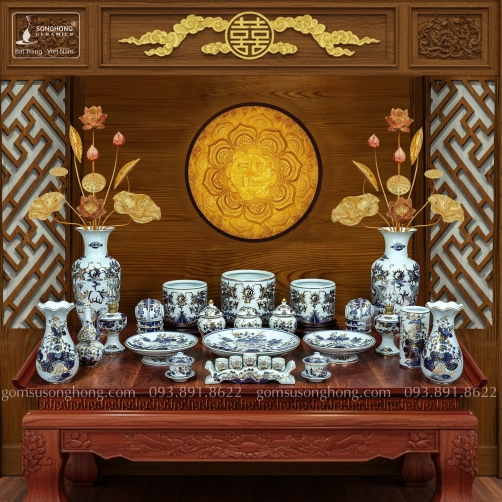 Bộ Đồ Thờ Men Rong Vẽ Vàng Kim - Mẫu 6