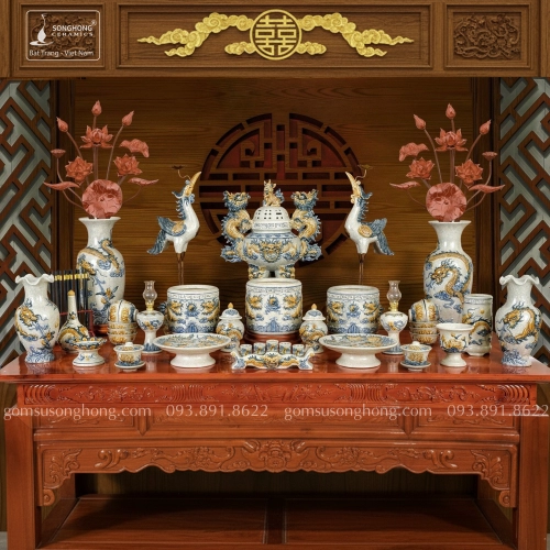 Bộ Đồ Thờ Ngũ Sự Men Rạn Đắp Nổi - Ban Thờ 2m17